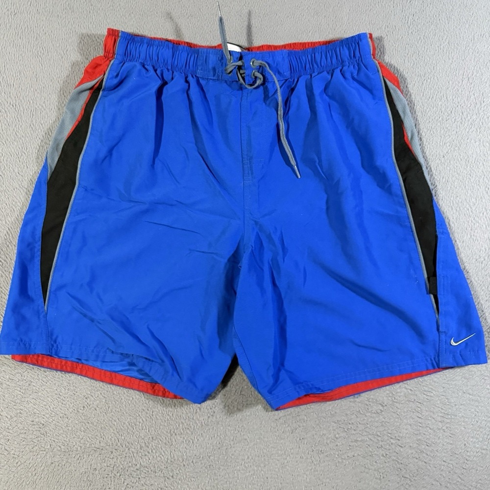 Vintage Nike Swim Shorts Mens XL Y2K Blue Trunks Center Swoosh Pockets Lined